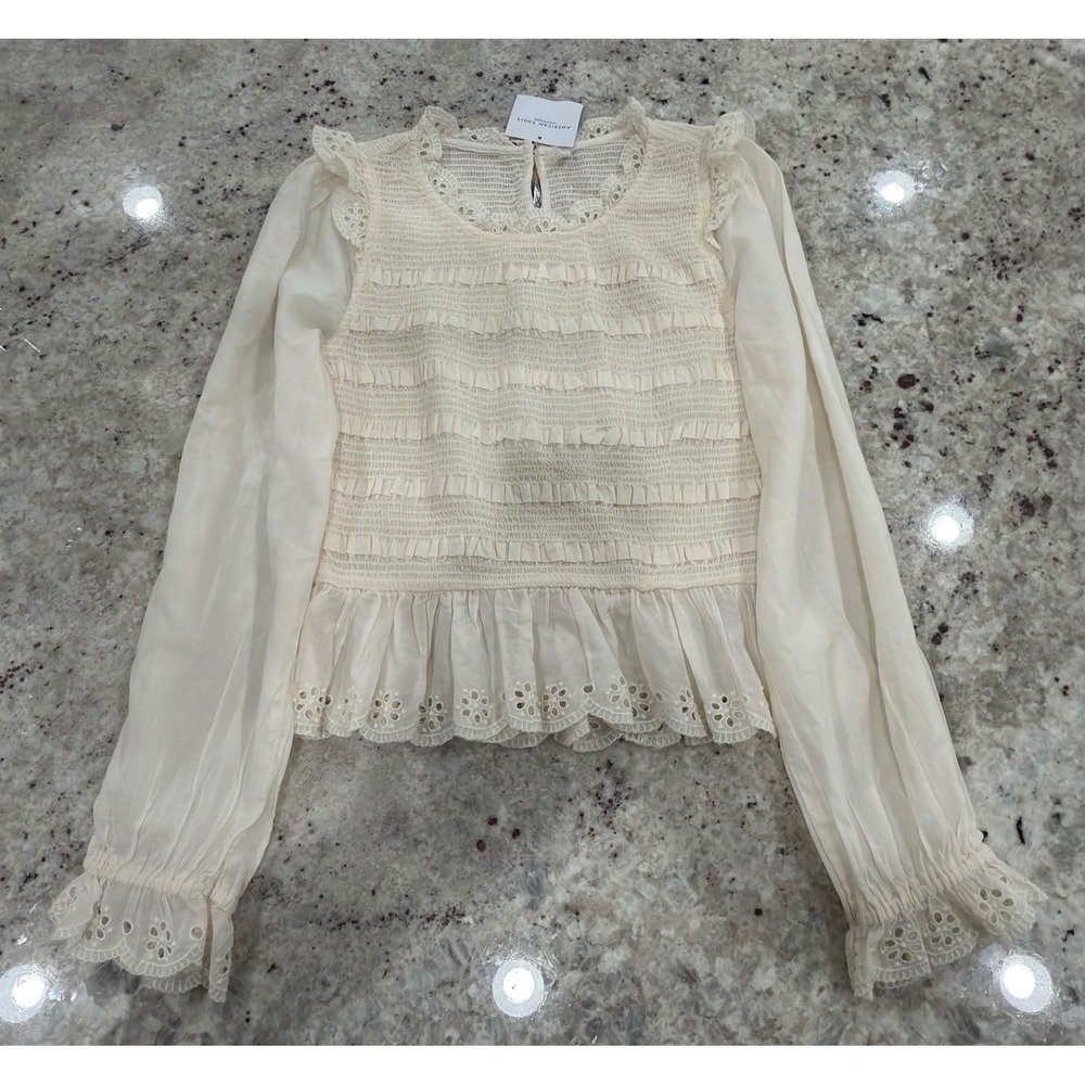 American Eagle XS Cream Lace Smocked Peplum‎ Blouse